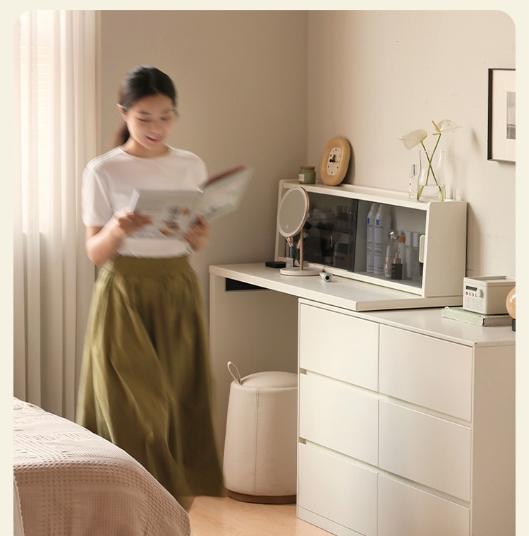 Solid Rubberwood Cream Style Vanity Table Integrated Drawer.