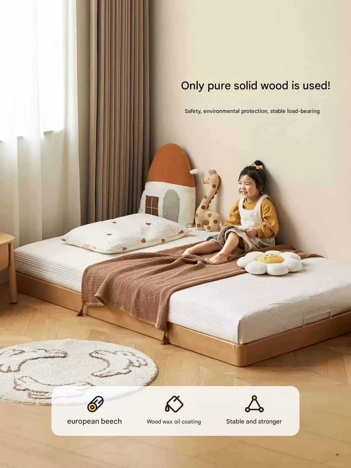 Beech Solid Wood Children's Splicing Platform Bed, Headboard-Free Bed
