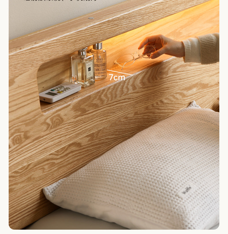 Oak, Beech Solid Wood With Light And Bookshelf Bed