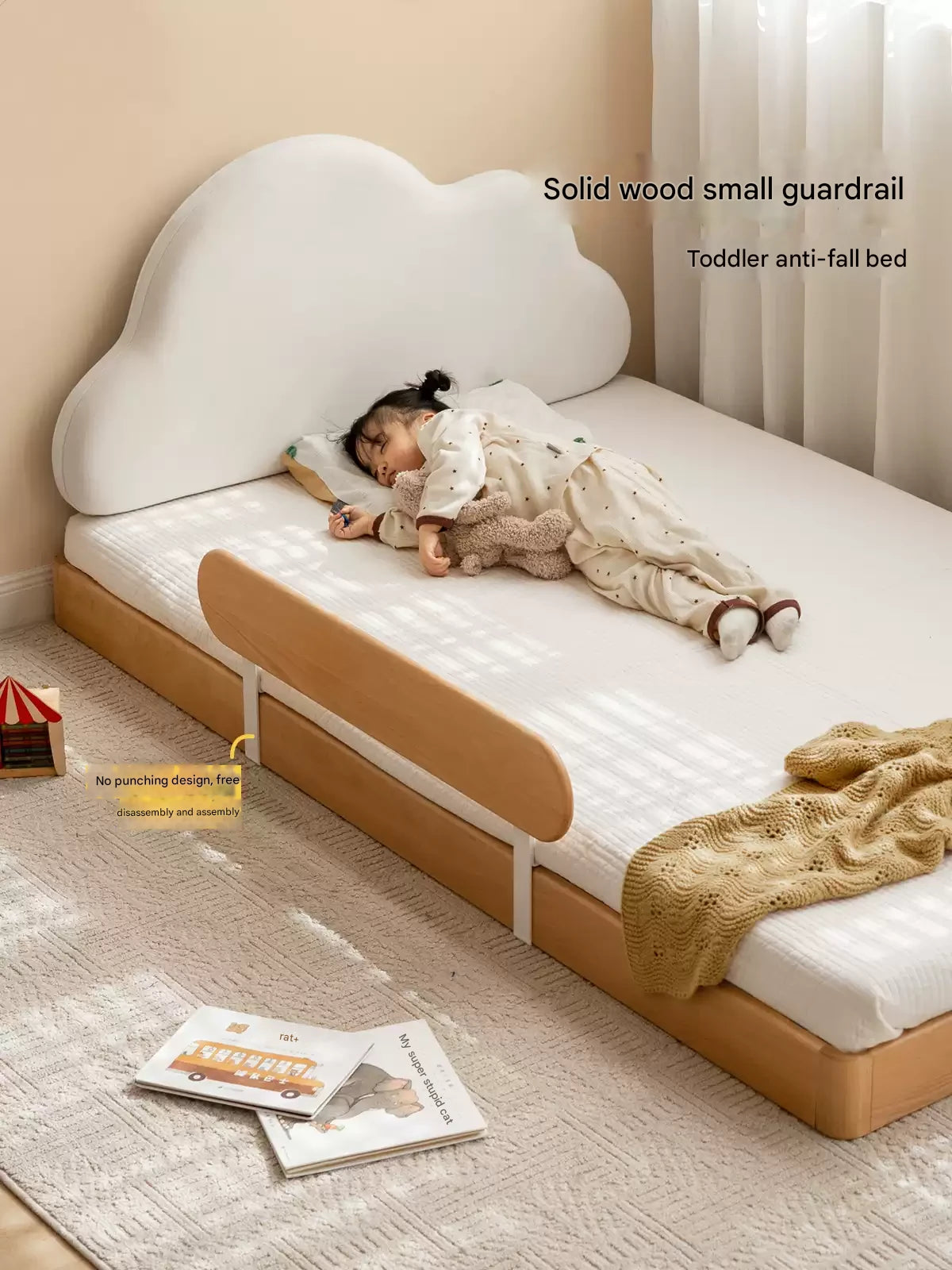 Beech Solid Wood Children's Splicing Platform Bed, Headboard-Free Bed