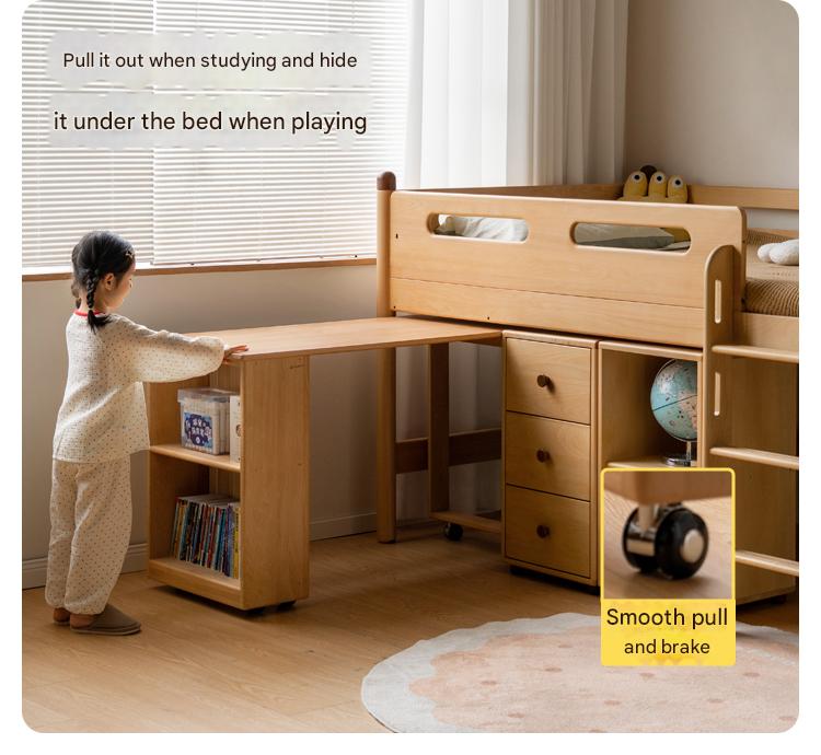 Beech Nordic Children's Solid Wood Loft Bed, Modern Minimalist Multifunctional Combination Bed with Table