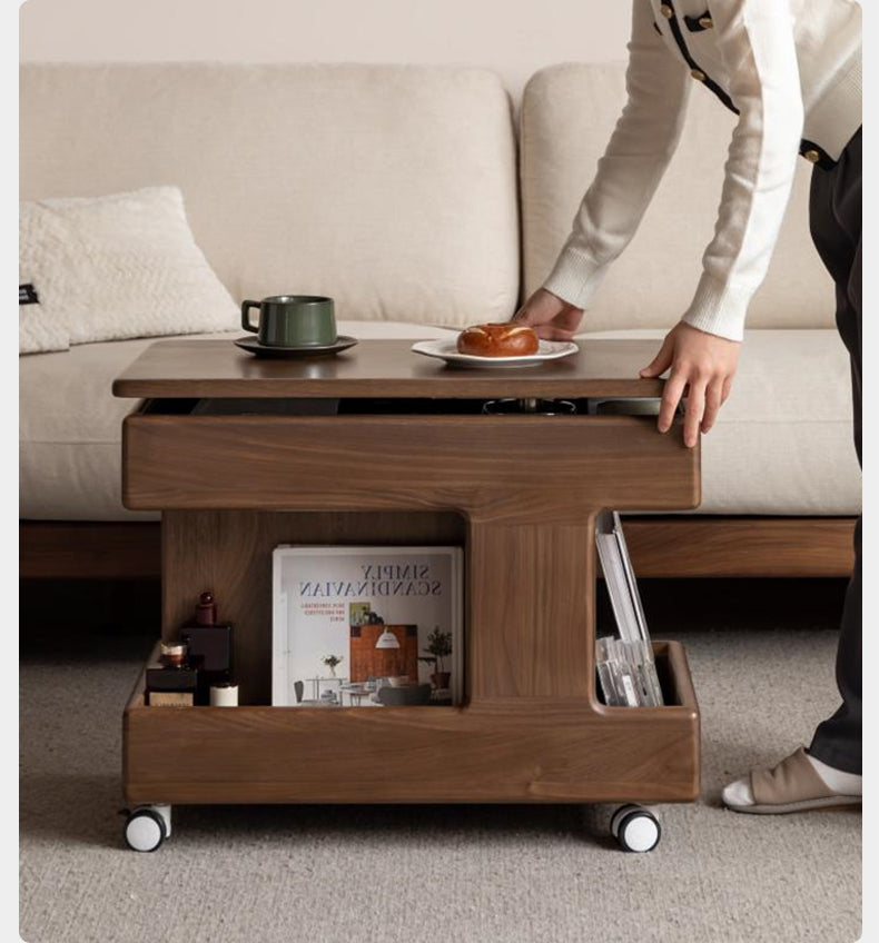 Black Walnut, Teak Solid Wood Raised and Lowered Rotating Coffee Table.
