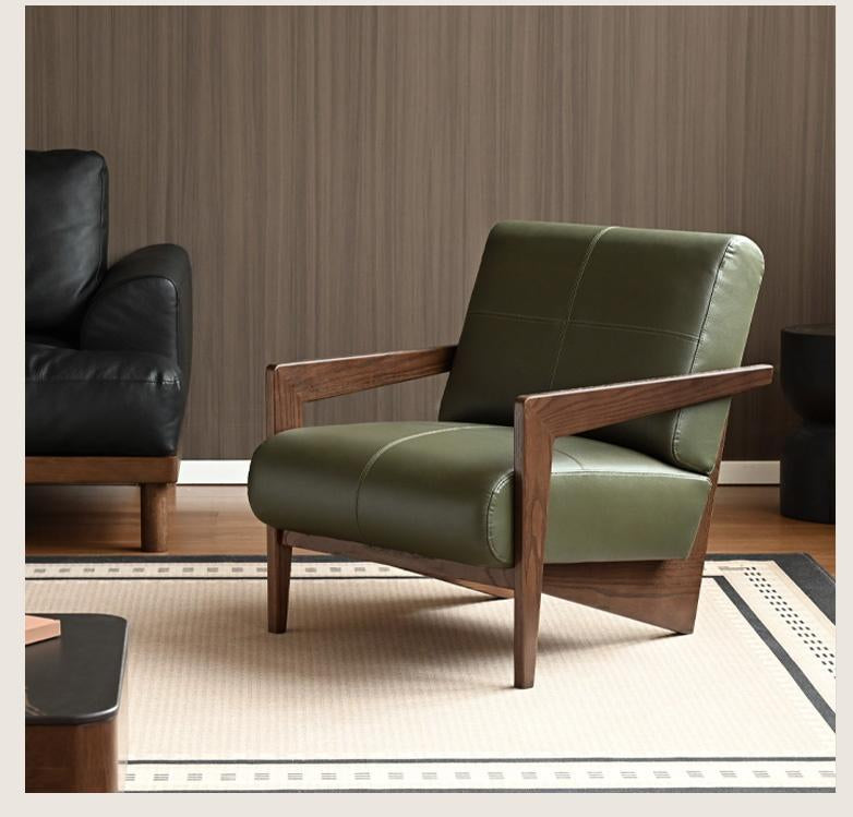 Oak Solid Wood Genuine Leather Accent Chair , Utrecht-Inspired Design