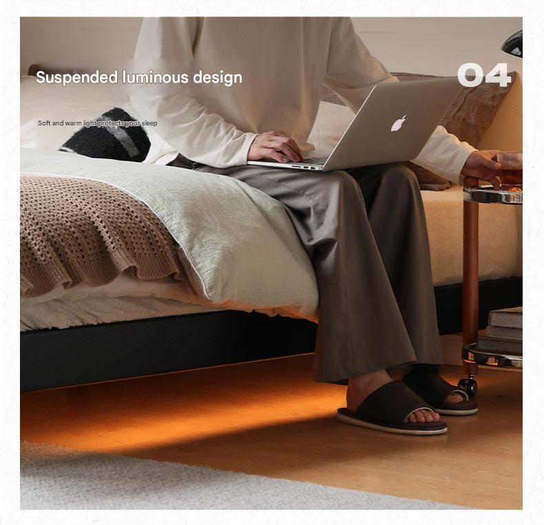 Oak, Rubberwood, Ash Solid Wood Suspended Platform Bed, Headboard-Free Bed Black with Light