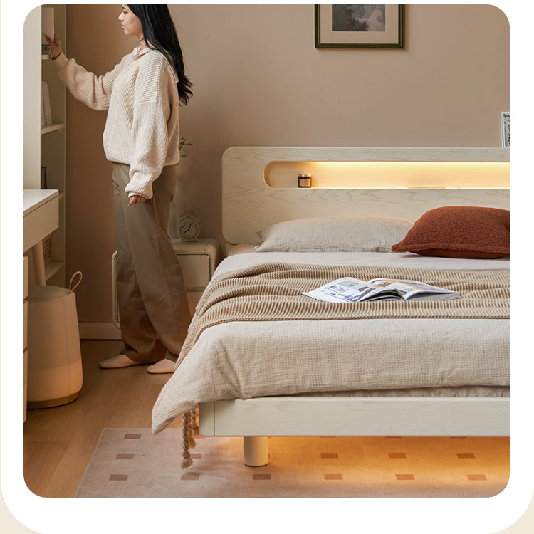 Oak Solid Wood Bed Cream Suspension Bed Luminous