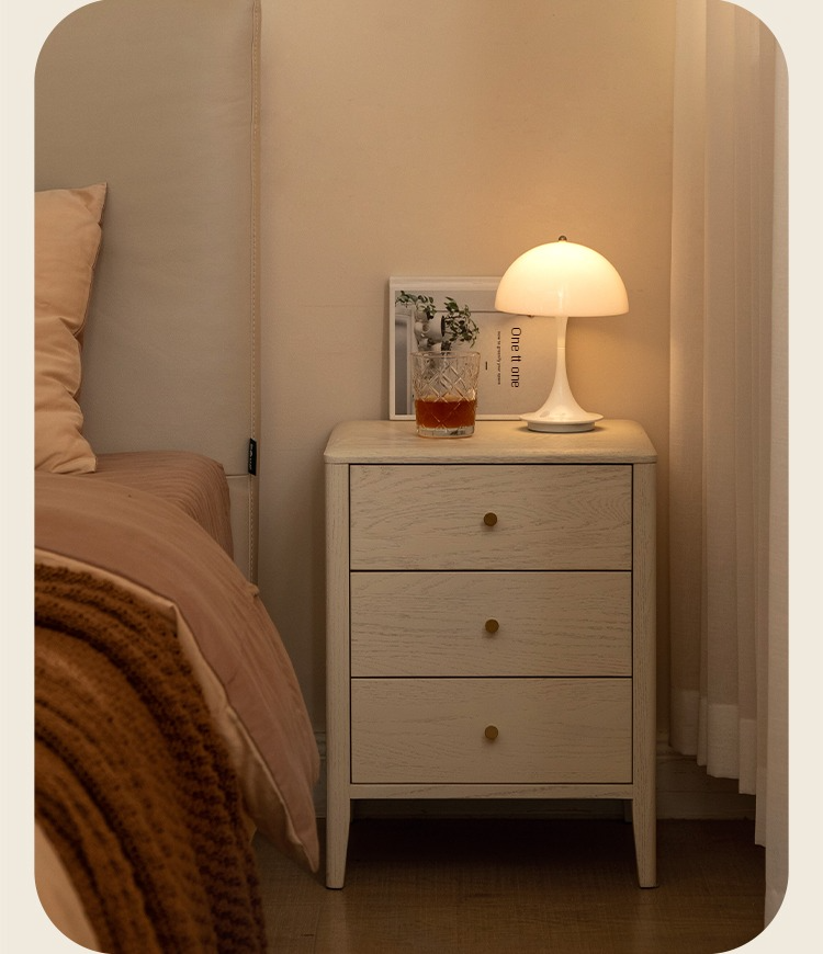 Oak Solid Wood, Solid RubberWood Nightstand Cream Style)