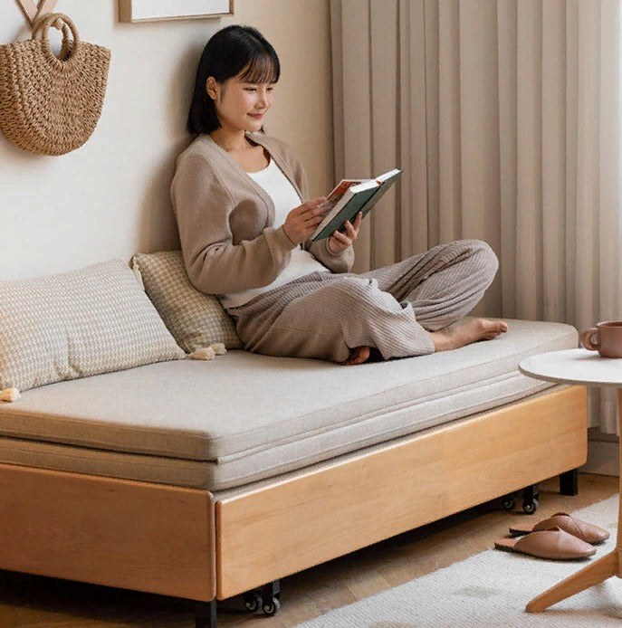 Oak Solid Wood Sofa Bed Folding Sit-sleeping Pull-out Bed.