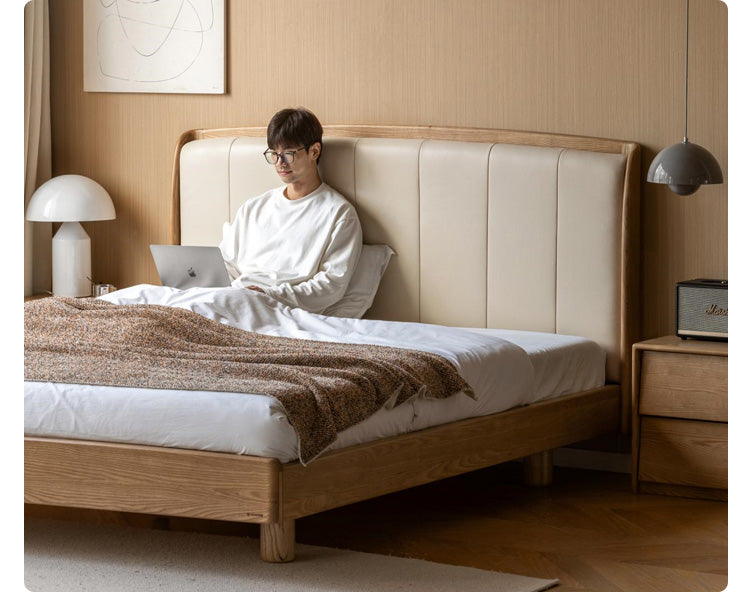 Ash Solid Wood Leather High Soft Back Bed