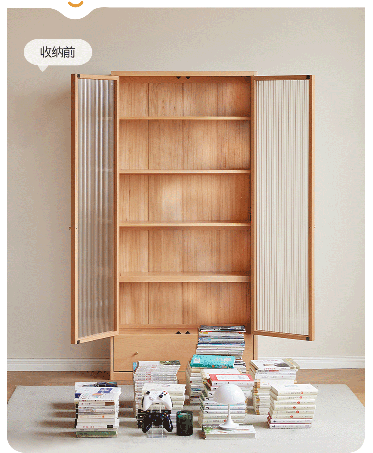 Beech European Solid Wood Bookshelf, Glass Door Storage Display Cabinet
