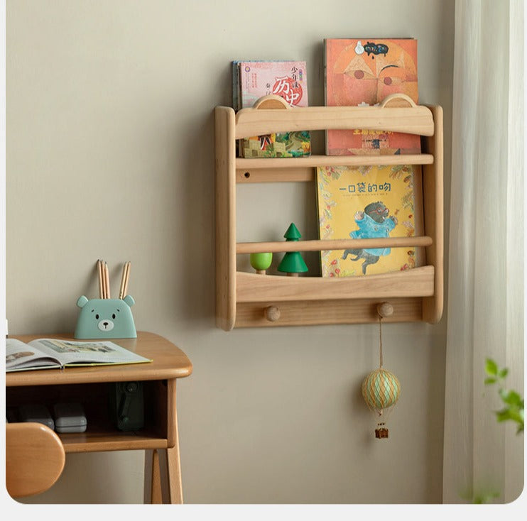 Beech Solid Wood Cute Bear Wall-Mounted Bookshelf Display Shelf