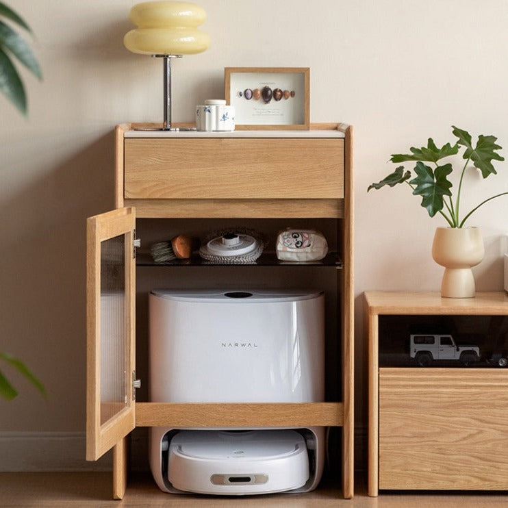 Oak Solid Wood Sweeping Robot Storage Side Cabinet Rock Slab.