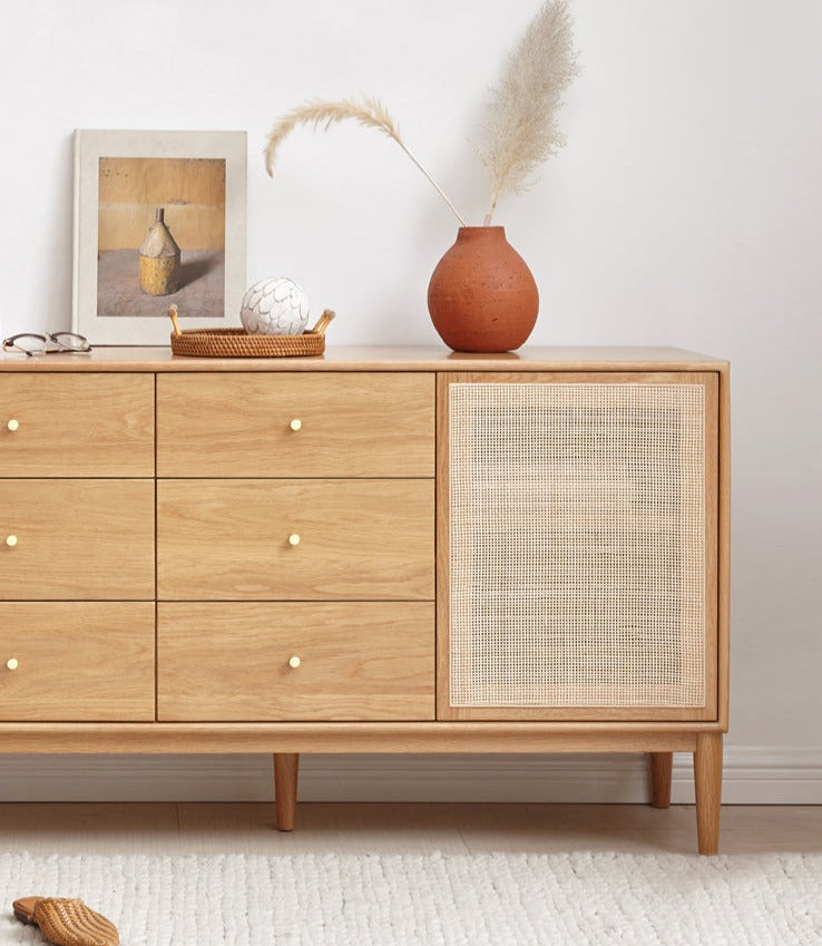 Oak Solid Wood Rattan Storage Cabinet