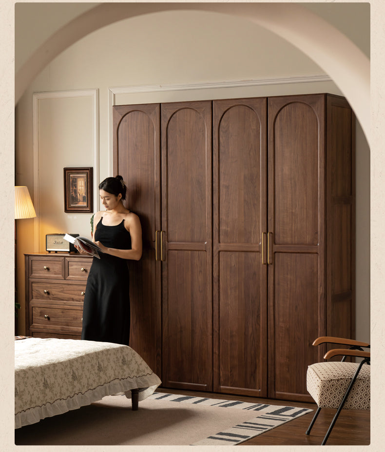 Black Walnut Solid Wood French Retro Wardrobe.