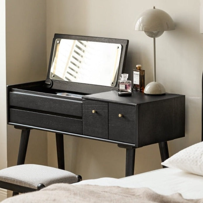 Oak Solid Wood Black Makeup Table Mirror LED Touch.