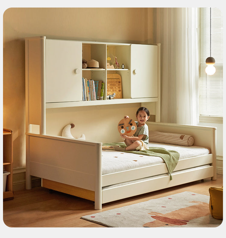 Poplar Solid Wood Children's Storage White Single Bed.