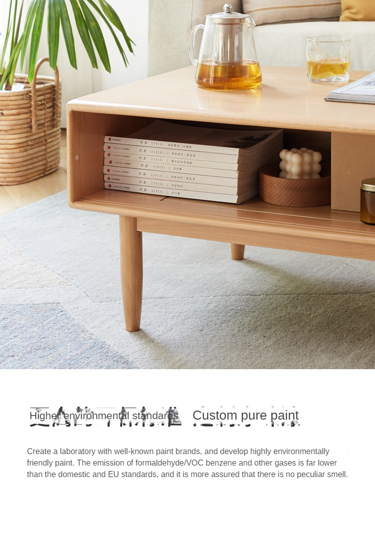 Beech Solid Wood Glass Sliding Door Coffee Table