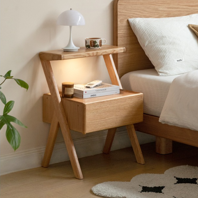 Oak Solid Wood Nightstand Rack Integrated Light)