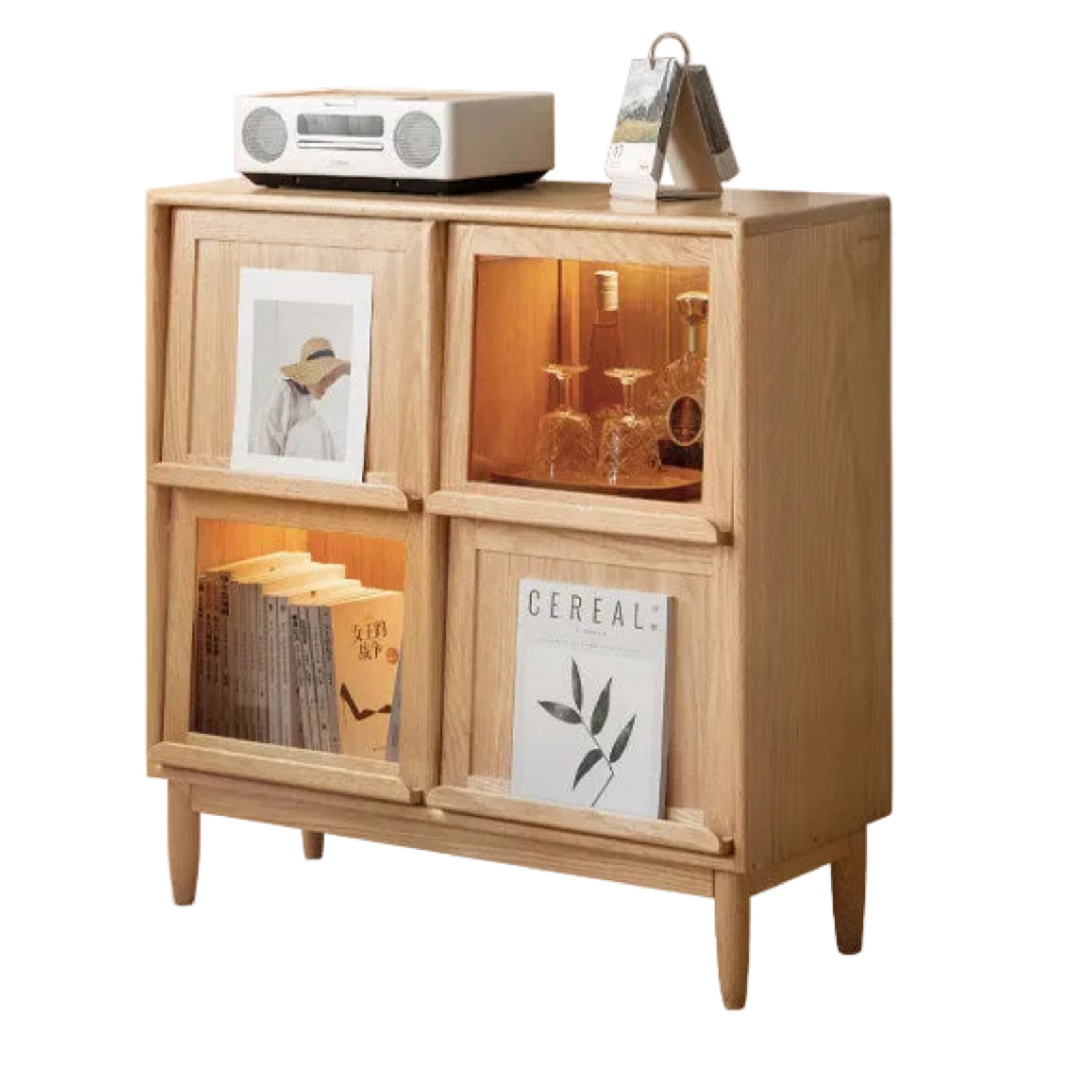 Oak, Сherry, Ash Solid Wood Four-Door Bookcase with Light, Magazine Cabinet.