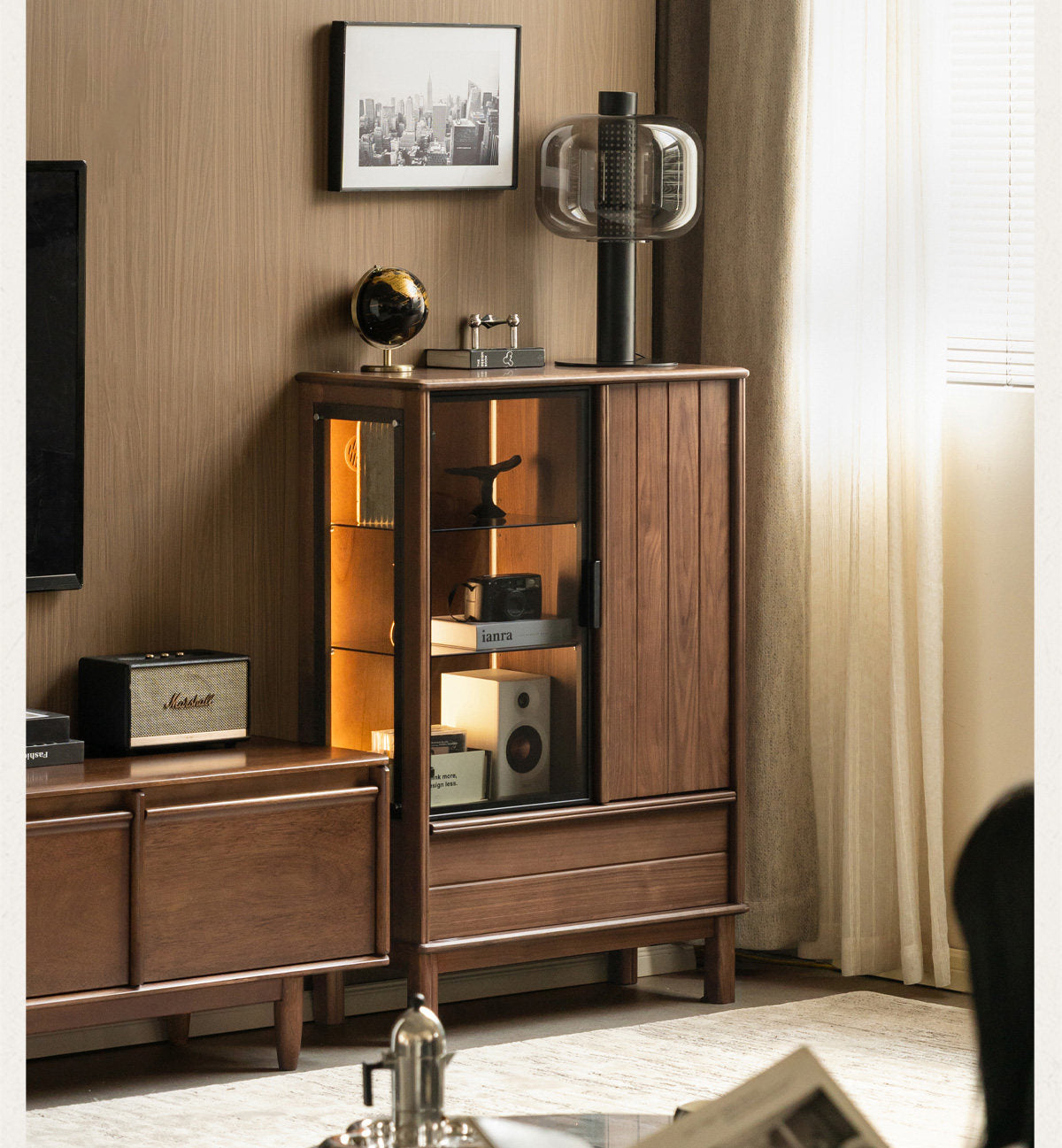 Black Walnut Solid Wood, Solid Longan Hardwood Wine Bar Cabinet with LED Lighting and Glass Door