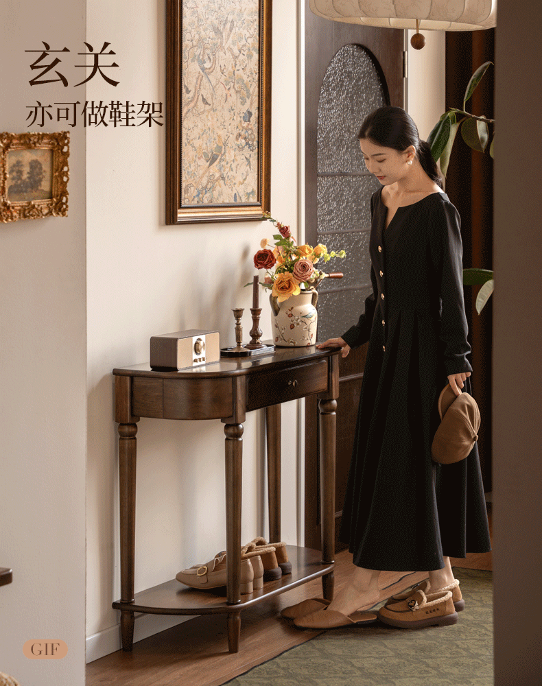 Sandalwood Solid Wood Traditional Demilune Console Table with Turned Legs and Drawer