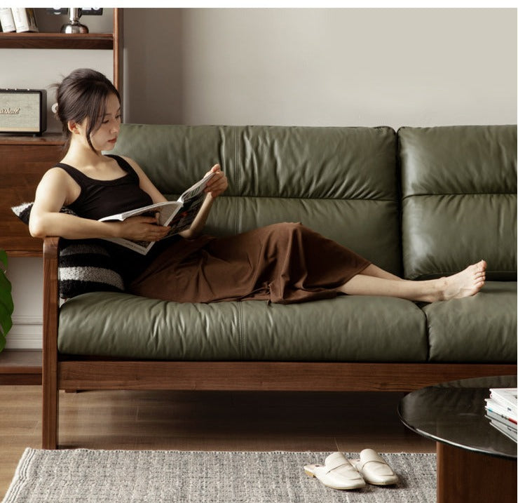 Black Walnut Solid Wood Light Luxury Leather Sofa.