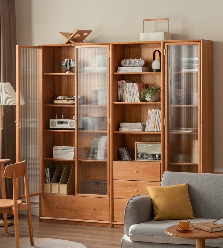 Cherry Wood Combination Bookcase Floor Shelf Glass Door Bookcase