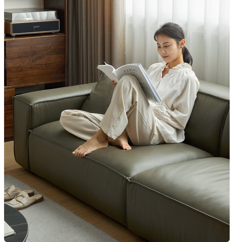 First Layer Yellow Cowhide Italian Tofu Block Sofa.