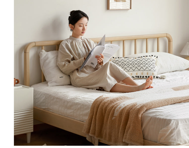 European Beech Solid Wood Bed Modern Simple