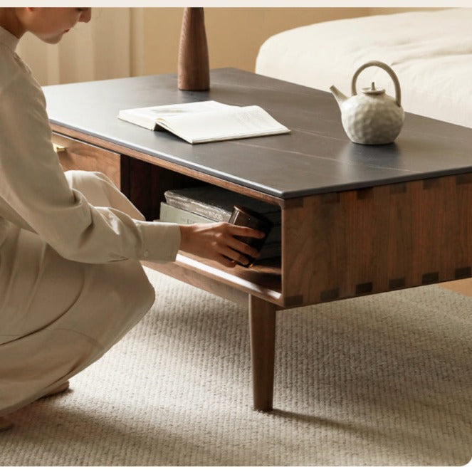 Black Walnut Solid Wood Storage Rock Plate Coffee Table