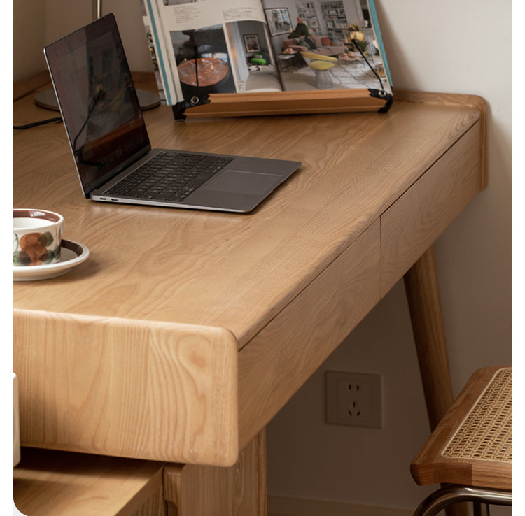 Ash Solid Wood Retractable Desk with Cabinet, Home Office
