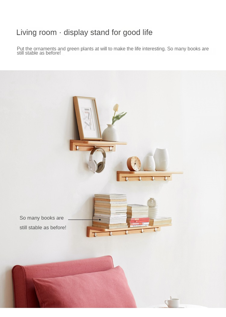 Beech Solid Wood Wall Shelf With Hooks
