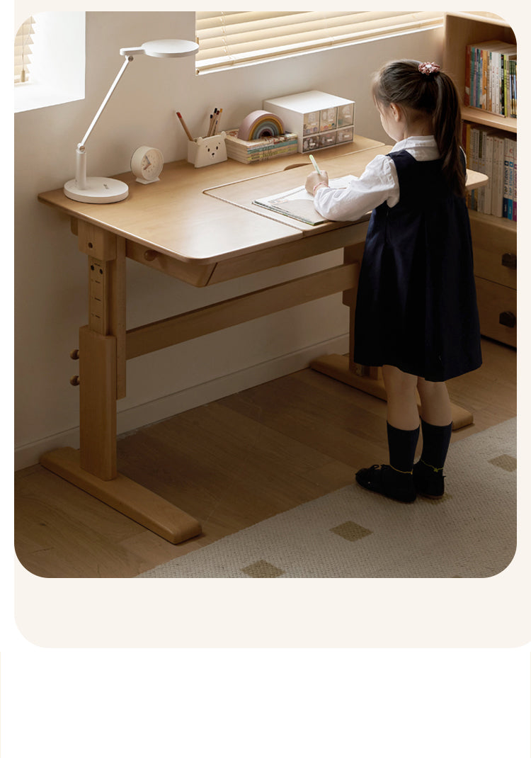 Beech Solid Wood Lifting Kids Table With Self/Chair/High Shelf