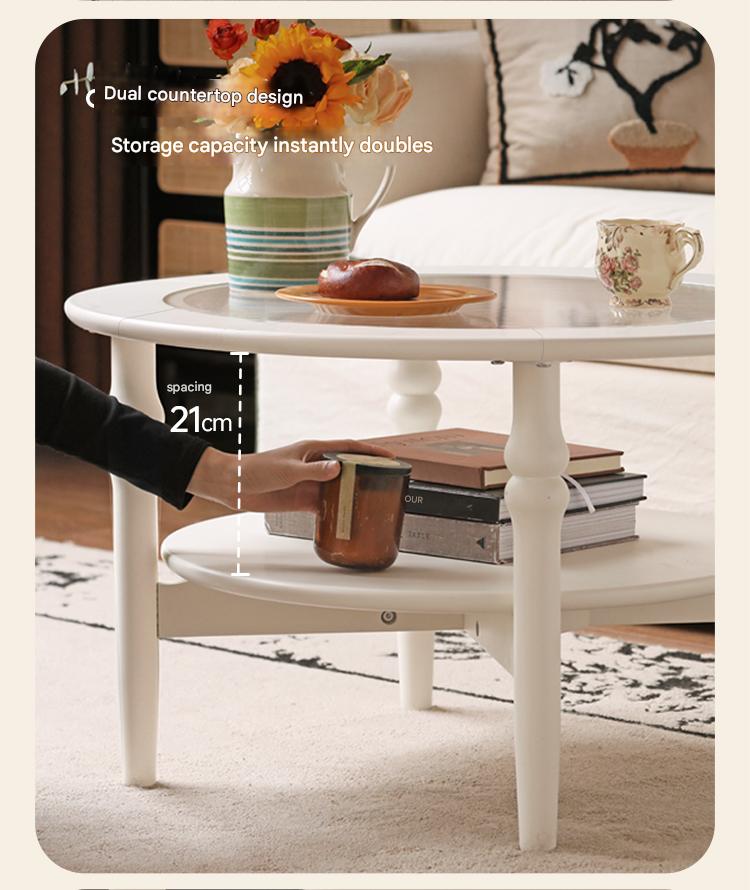 Rubber Solid Wood French Cream Style Glass Coffee Table