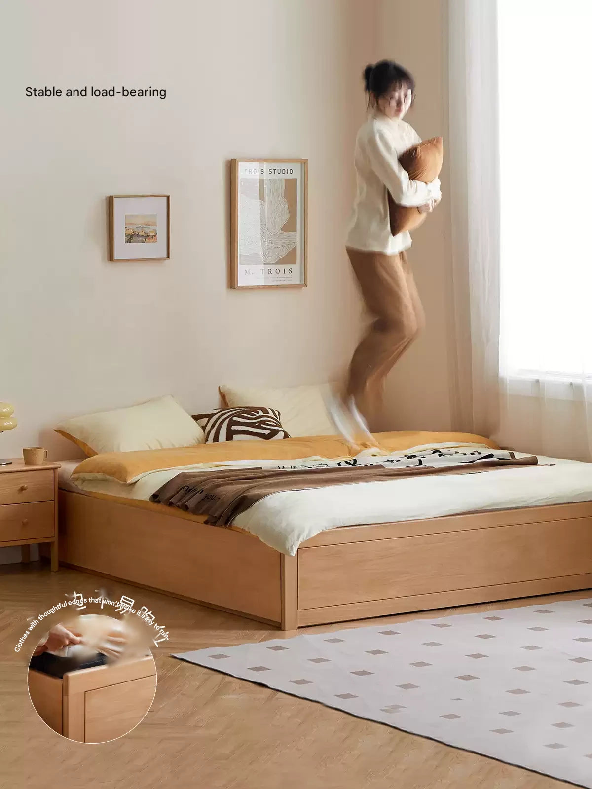 European Beech solid wood platform bed, headboard-free bed with drawer box bed.