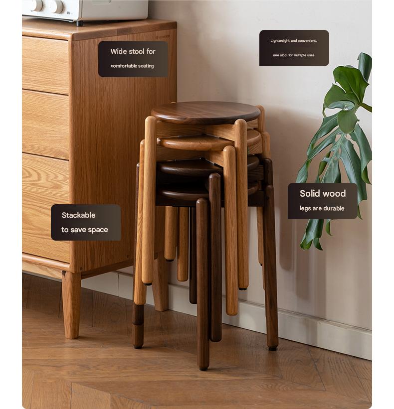 Black Walnut, Ash, Oak, Beech, Cherry Solid Wood, Solid RubberWood Stackable Small Stool
