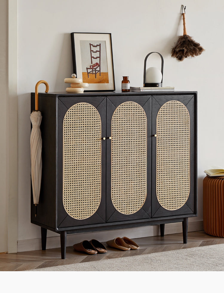 Oak Solid Wood Black Rattan Shoe Cabinet