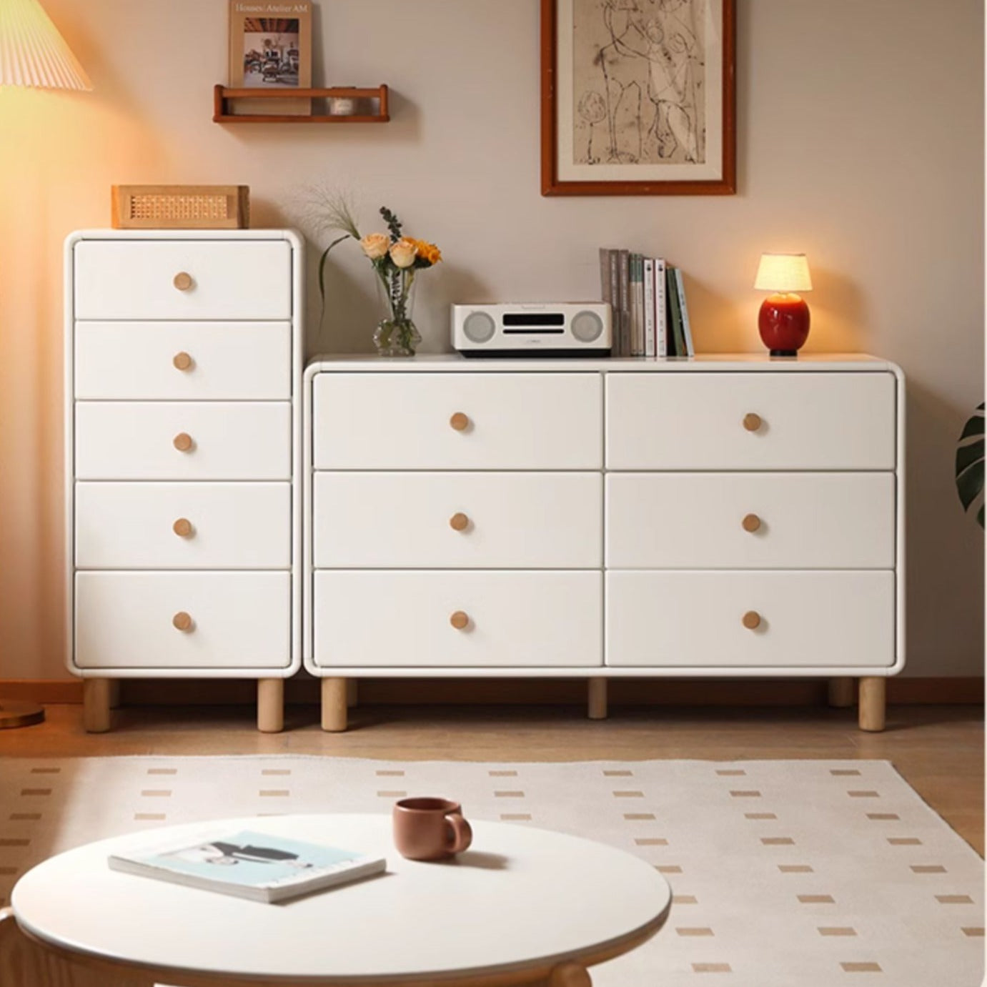 Solid Rubberwood Cream Curved Drawer Dresser with Rounded Corners and Tapered Wood Legs