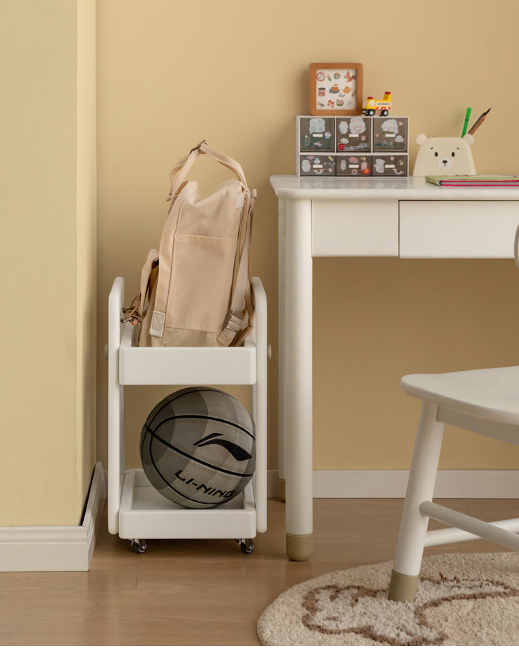 Rubber Solid Wood White Cream Style Under-Desk Movable Storage Rack.