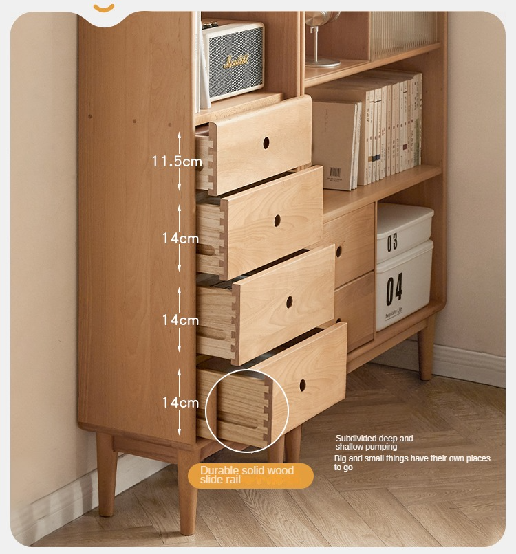 Beech Solid Wood Bookcase with Spacious Cabinet Storage
