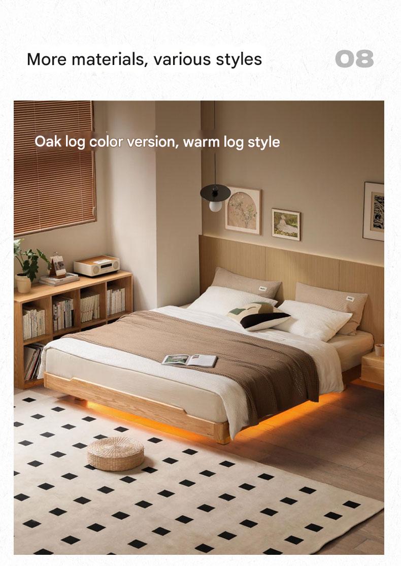 Oak, Rubberwood, Ash Solid Wood Suspended Platform Bed, Headboard-Free Bed Black with Light