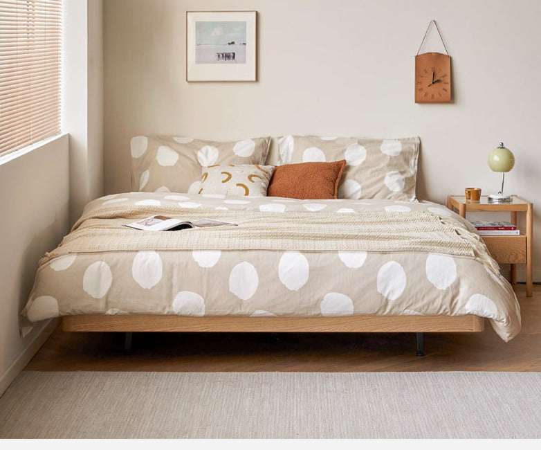 Oak Solid Wood platform bed, headboard-free bed Night Light Suspended Bed
