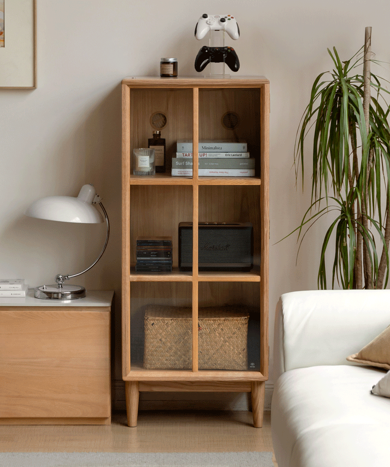 Oak, Rubberwood Solid Wood Glass Storage Bookcase
