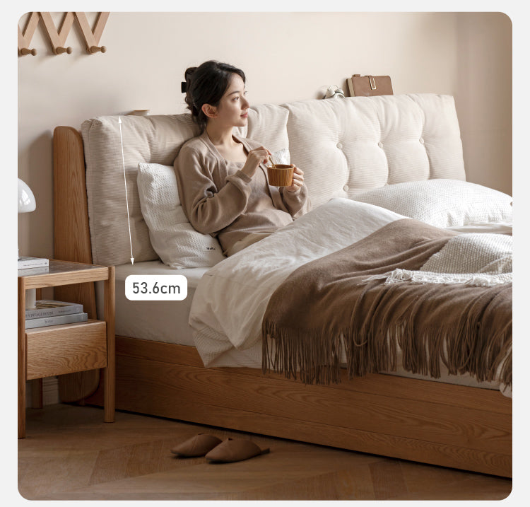 Oak Solid Wood Fabric Box Bed Cream Style