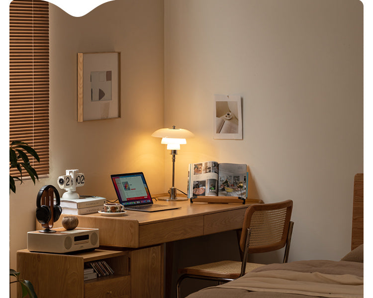 Ash Solid Wood Retractable Desk with Cabinet, Home Office