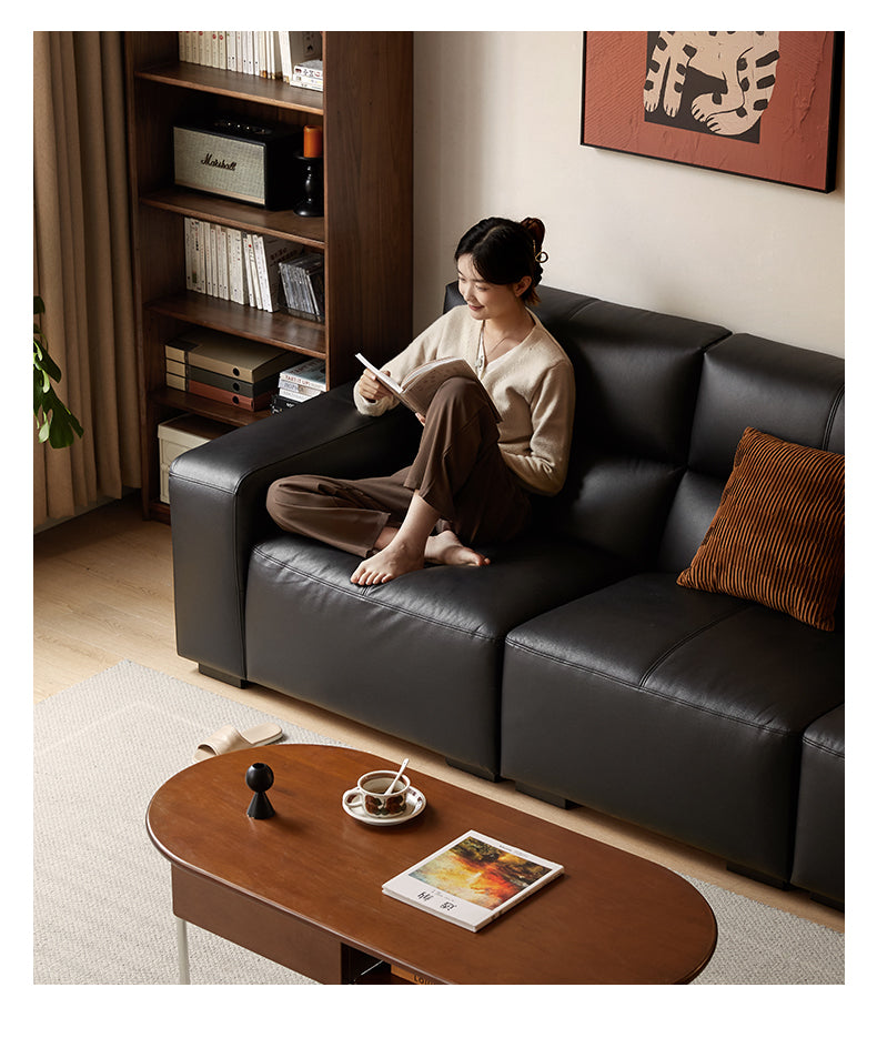 Leather Sofa First Layer Yellow Cowhide Tofu Block Leather Sofa.