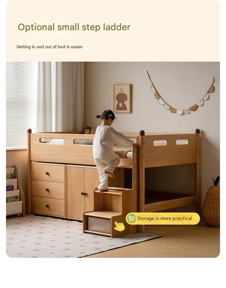 Beech Nordic Children's Solid Wood Loft Bed, Modern Minimalist Multifunctional Combination Bed with Table