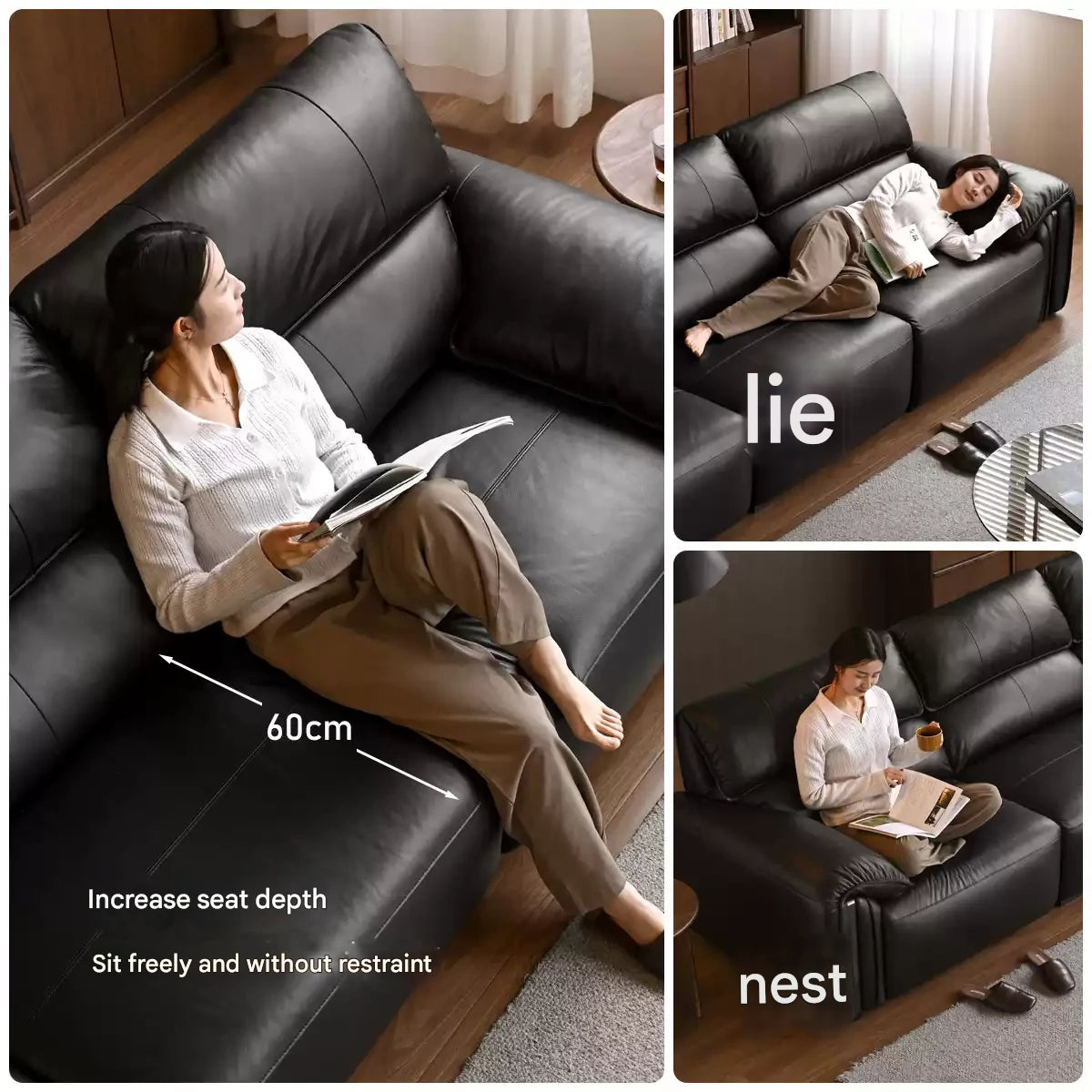Leather Italian Light Luxury Black Straight Line Sofa