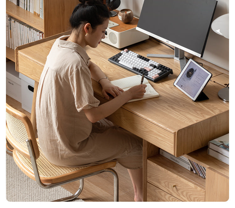 Ash Solid Wood Retractable Desk with Cabinet, Home Office
