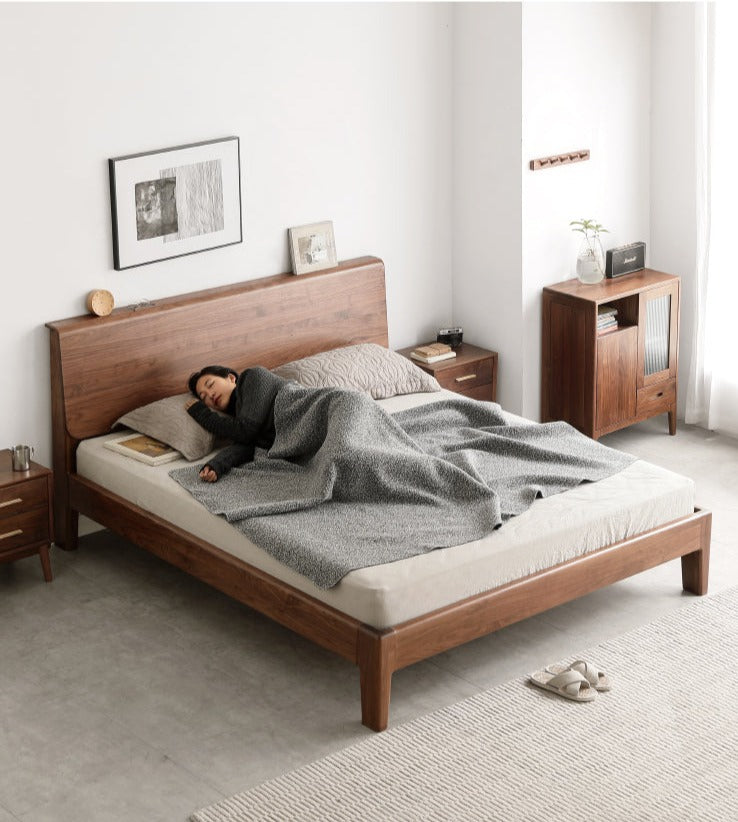 Black Walnut, Teak,Ash Solid Wood Bed Nordic Modern