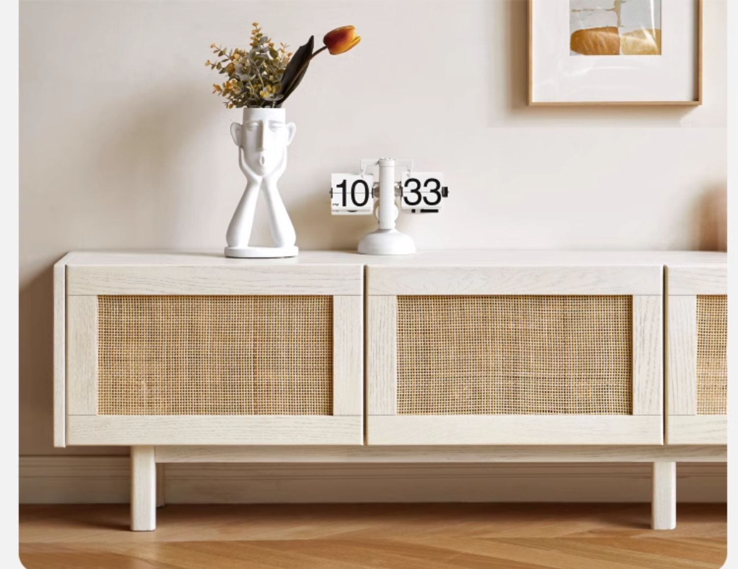 Oak Solid Wood Rattan Suspended TV Cabinet.